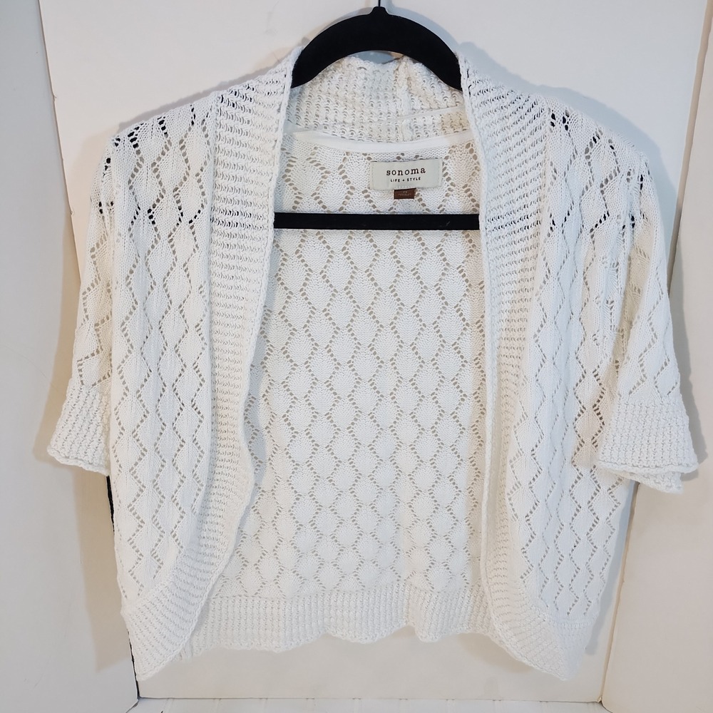 Sonoma White Pointelle Knit Open Front Cardigan Womans MD Coastal Cottagecore